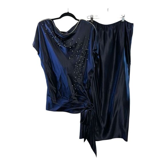 Christyne Forti Silk Skirt Suit Women’s Size 8 Navy Blue Rhinestone / faux Pearl - Picture 1 of 7